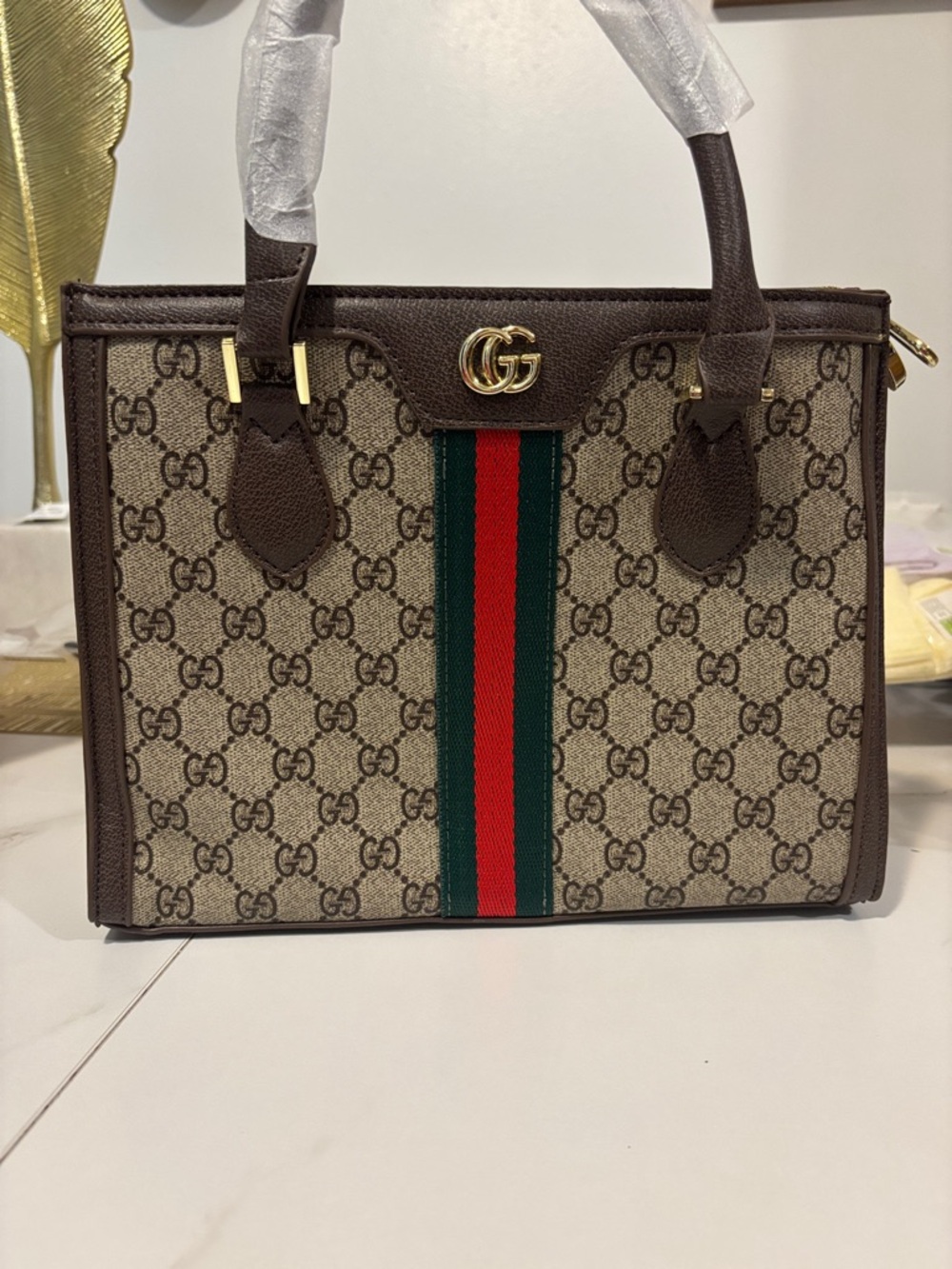 Inspired Gucci Beige GG Supreme Canvas Satchel with Brown Trim and Green-Red Web